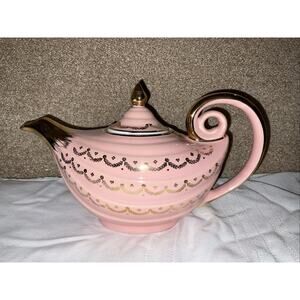 Vintage HALL Aladdin Genie Teapot PINK & GOLD 6 Cup MCM Mid Century Modern USA